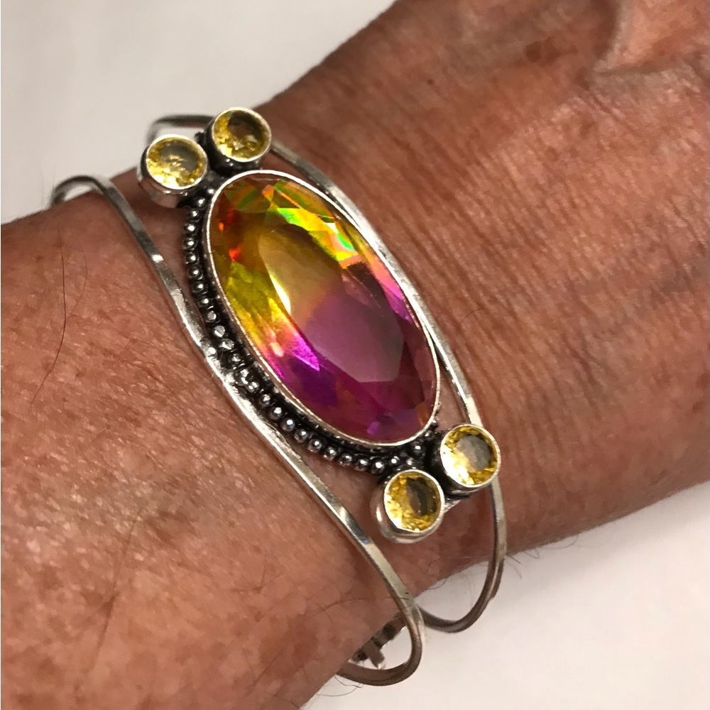 Bi Tourmaline Stamped 925 Sterling Silver Cuff Bracelet